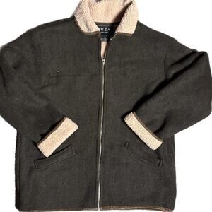 Green and cream 90's fleece lined jacket with a zipper closure and two pockets